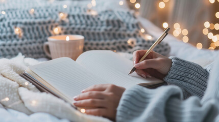 A person journaling in a cozy space with soft lighting and calming surroundings, representing self-care and mental health awareness on World Health Day.