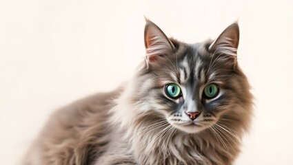 A majestic grey cat with captivating green eyes, a serene portrait against a soft, neutral background.