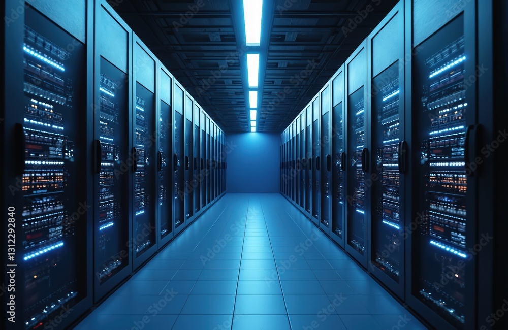 Aufkleber Modern server room with racks of network servers. Blue LED lights glow in the dark. IT infrastructure, technology, cyberspace, online services, big datum. Roomy business interior with corridor.
