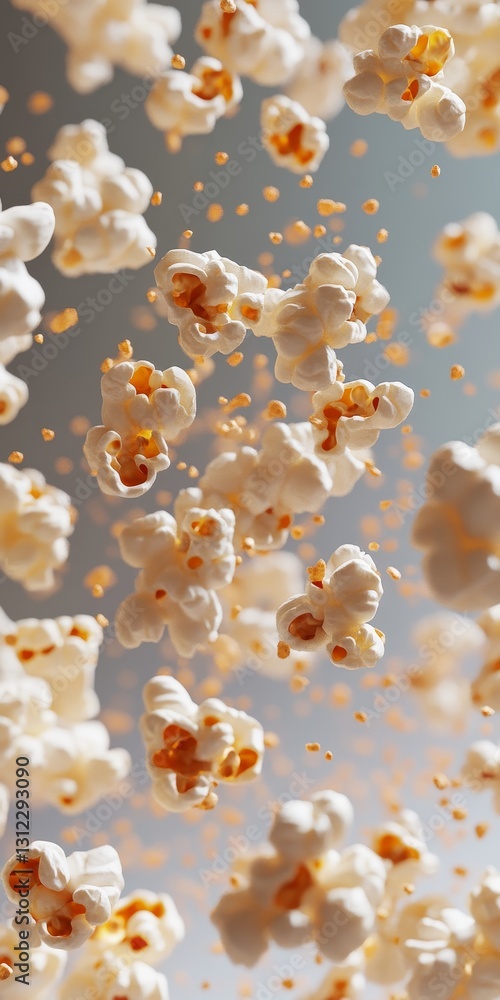 Poster a captivating image of popcorn kernels floating against a gray background, showcasing their delightf