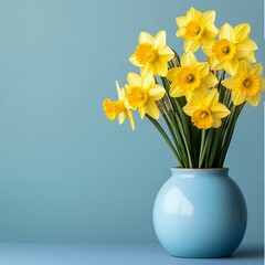 Vibrant Yellow Daffodils in a Blue Vase Spring Flowers Home Decor