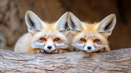 Obraz premium Two Adorable Red Foxes Resting on a Log