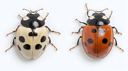 Obraz premium Two Ladybugs: Close-Up View of Red and Cream Colored Insects with Black Spots on White Background