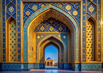 Obraz premium Elegant Gold Blue Architectural Archway Design, Luxury Entrance, Golden Blue Archway, Architectural Detail, Building Design, Interior Design, Grand Entranceway