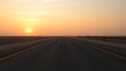 A serene sunset journey on a long, empty highway stretching towards a fiery horizon under a warm, golden sky.