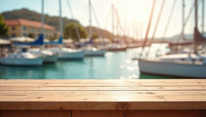 Empty wooden table surface, blurred yacht club background, place for product montage. Sunny summer sea landscape with sailing boat, harbor. Wood desk, counter for product display, template for