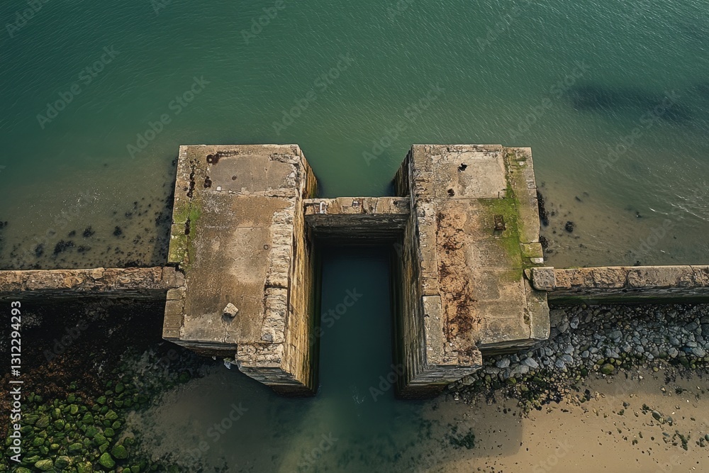Poster topdown view of a serene sea and some random stone structures .