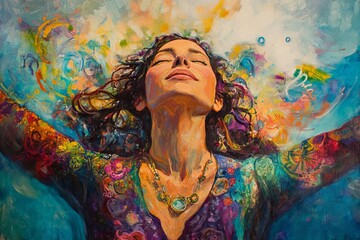 Woman Embracing Freedom and Joy with Colorful Abstract Background