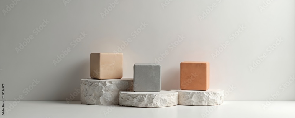 Aufkleber minimalist composition of different colored cubes on stone podiums against plain white backdrop. cle