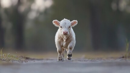 Obraz premium Fluffy White Calf Walking on a Dirt Path