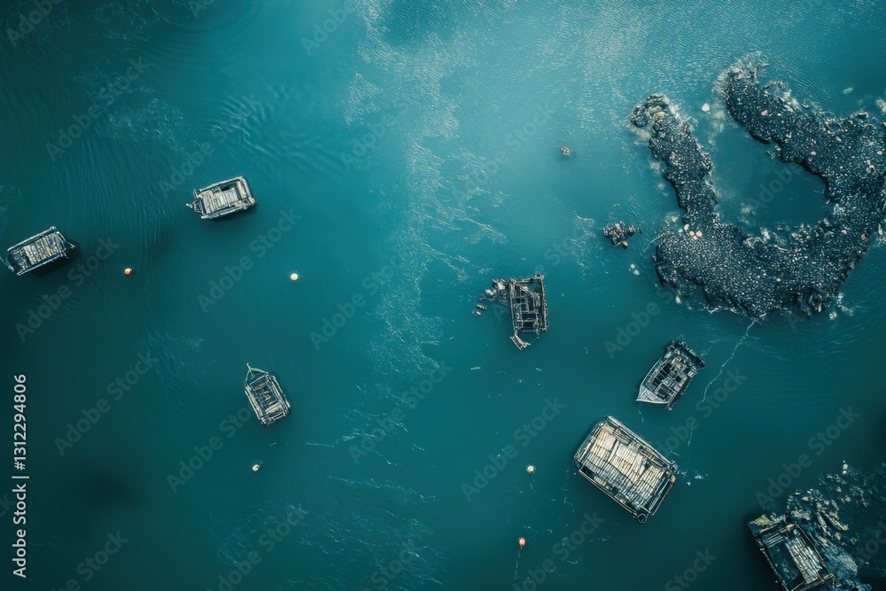 Poster topdown view of a serene sea and some random stone structures .