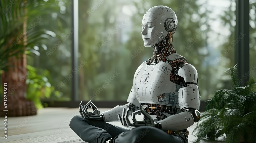 Poster humanoid robot sitting on a table in a modern environment showcasing advanced technology and future 