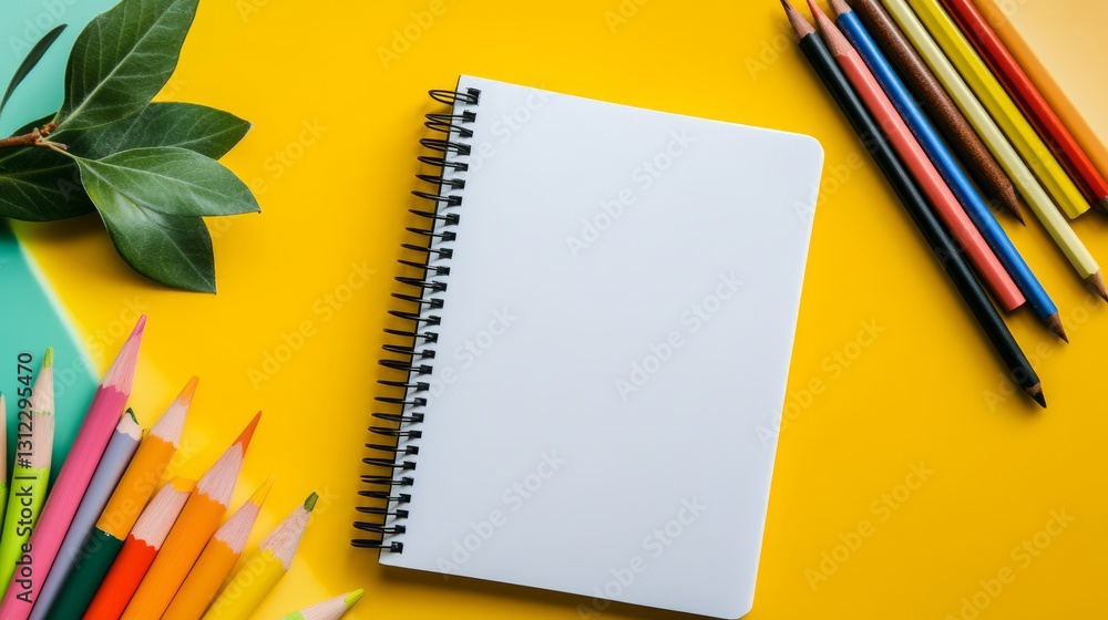 Aufkleber a notebook with a spiral binding sits on a yellow background. there are many colored pencils on the 