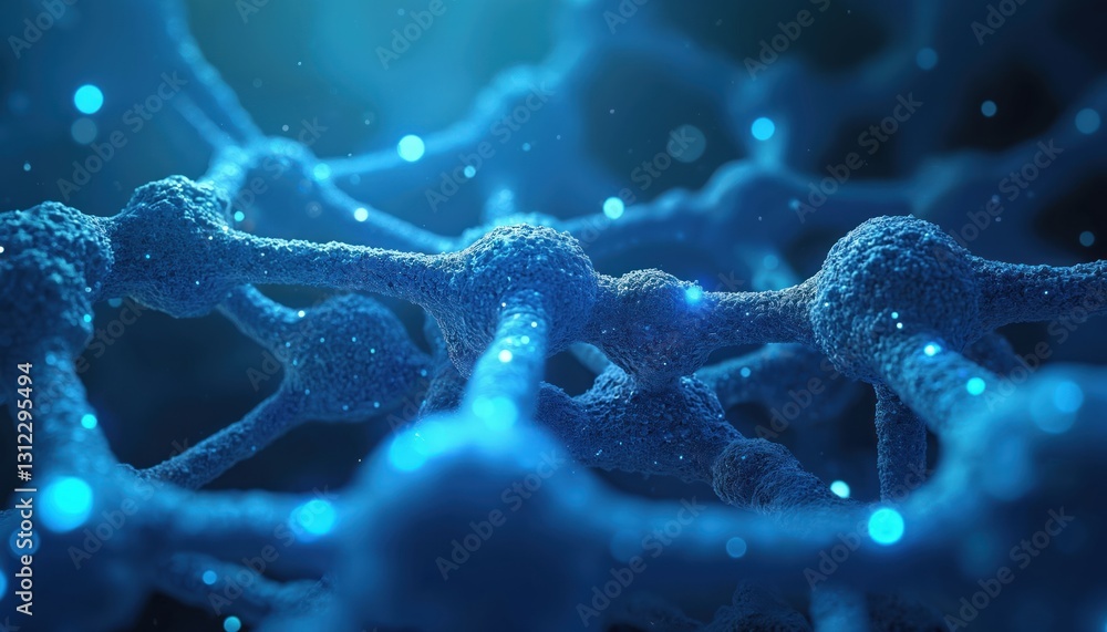 Poster molecular structure in blue tone, advanced materials science, nanomaterials applications. interconne