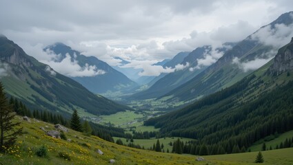 Obraz premium Lush Green Valley Surrounded by Majestic Mountains Under a Cloudy Sky in Switzerland