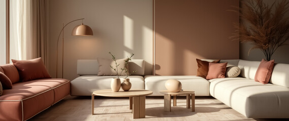 sunlit living room with beige sectional sofa and wooden coffee table