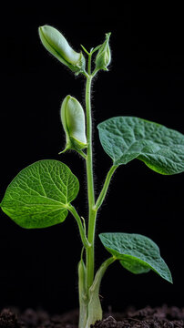 Young legume plant emerging from soil, displaying vibrant green leaves and developing pods