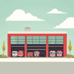  A flat 2D vector of a fire station with red fire trucks outside.