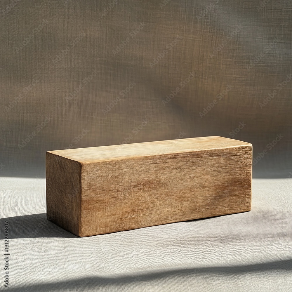 Poster a simple wooden block displayed on a textured fabric surface, illuminated by soft natural light, cas