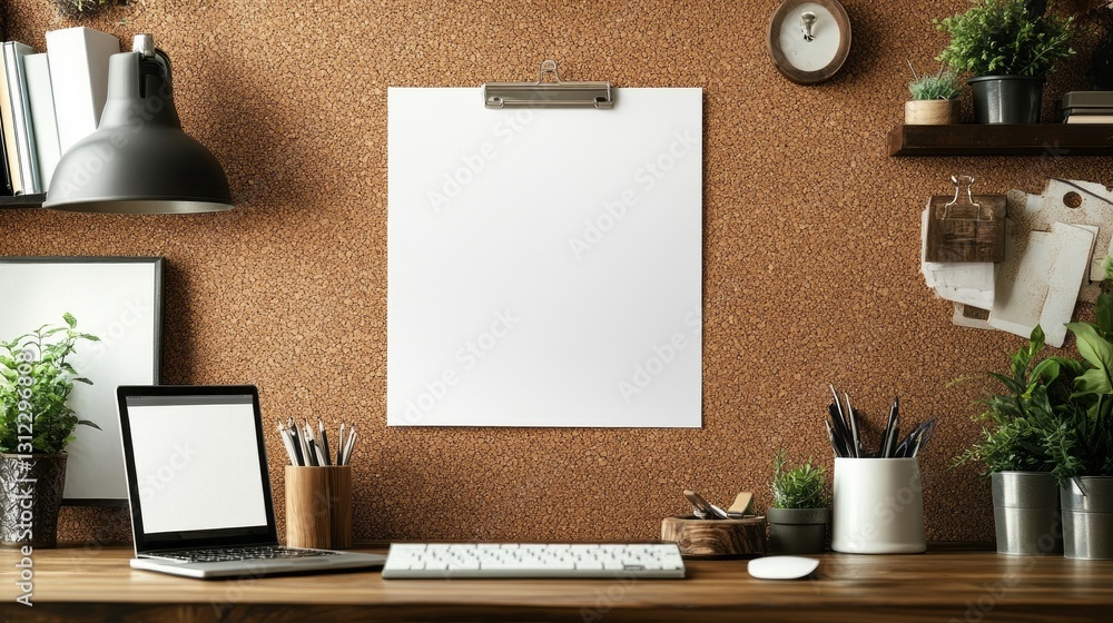 Poster a blank sheet of paper hangs from a clip on a corkboard, set above a stylish wooden desk adorned wit
