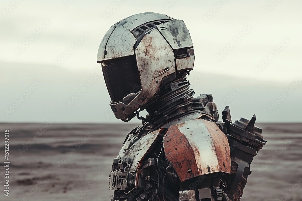 Poster a robot with a helmet and a backpack is standing in a desert