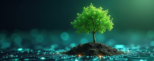 Green tree growing on computer motherboard circuit. Sustainable, environmentally friendly tech concept. Digital tech merges with natural world. Growth, ecology, future, modern technologies, energy,