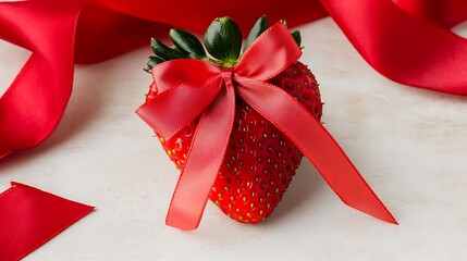 Gifted strawberry with a bow presented on white surface with ribbon in backdrop for dessert ads or gift cards