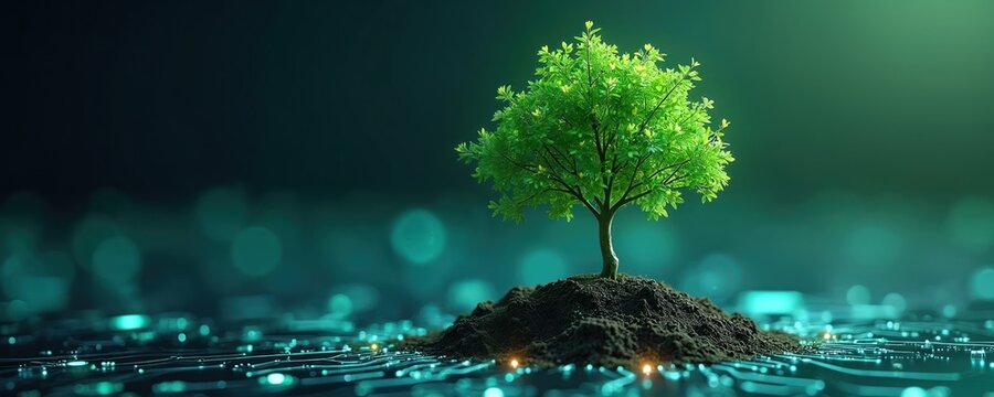 Green tree growing on computer motherboard circuit. Sustainable, environmentally friendly tech concept. Digital tech merges with natural world. Growth, ecology, future, modern technologies, energy,