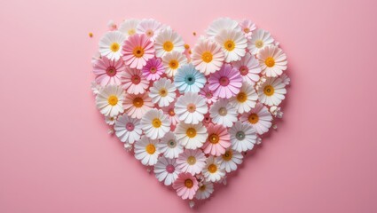 Heart Shape Created with Assorted Colorful Flowers Against a Pale Pink Background