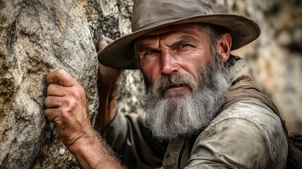 Fototapeta premium Bearded mountaineer with a focused expression, wearing a hat and thick clothing, scaling a rough cliff.