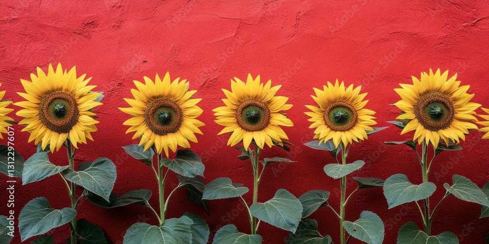 Poster a row of yellow sunflowers are growing in a red background. the sunflowers are all facing the same d