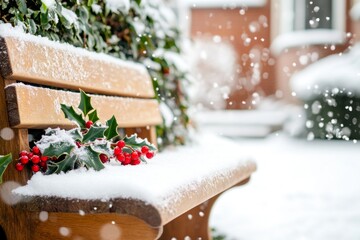 A snowy garden bench surrounded by holly and ivy, creating a peaceful winter retreat