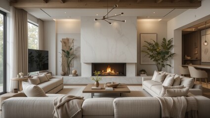 Fototapeta premium Modern Cozy Living Room with Fireplace and Natural Light Featuring Contemporary Furniture and Plants