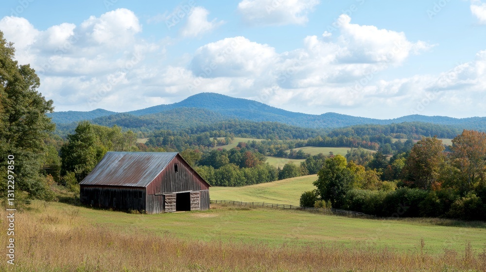 Poster a rustic barn sits in a field with a mountain in the background