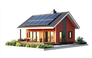Single Scandinavian-style house with solar panels and a spacious open floor plan, isolated on a white background