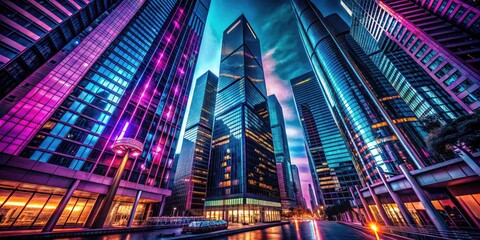 Obraz premium Futuristic Cityscape, Low Angle, Minimalist Architecture, Modern Buildings, Skyscrapers, Urban, Night City