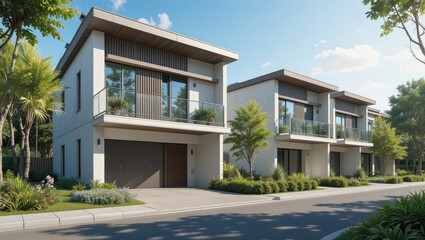 Modern Residential Houses with Balconies and Lush Landscaping on a Sunny Day in Urban Setting