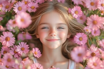 Fototapeta premium Smiling Young Girl Reclining Amidst Abundant Pink Flowers with Golden Hair and Radiant Expression