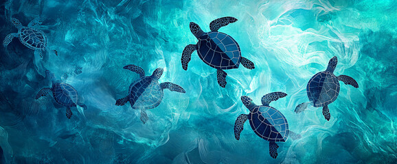 Stylized dark-blue sea turtles swim in turquoise water, creating a serene underwater scene symbolizing peace, freedom, and ocean life, suitable for decor or marine themes