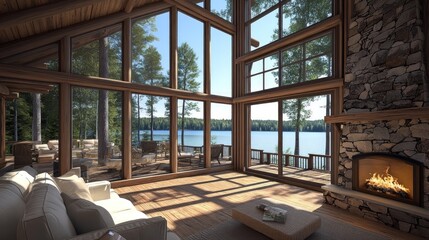 Luxurious cabin interior featuring expansive windows and an outdoor view