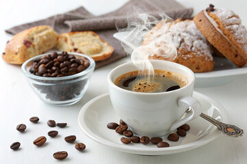 Steaming cup of coffee with pastries and coffee beans on white background.