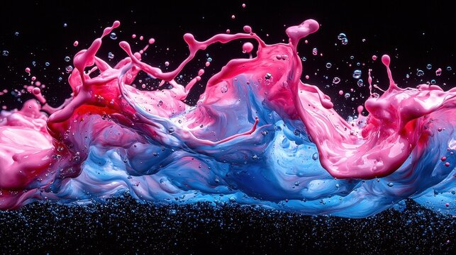 A vibrant splash of neon pink and electric blue paint, colliding mid-air, frozen in time against a stark black background. 