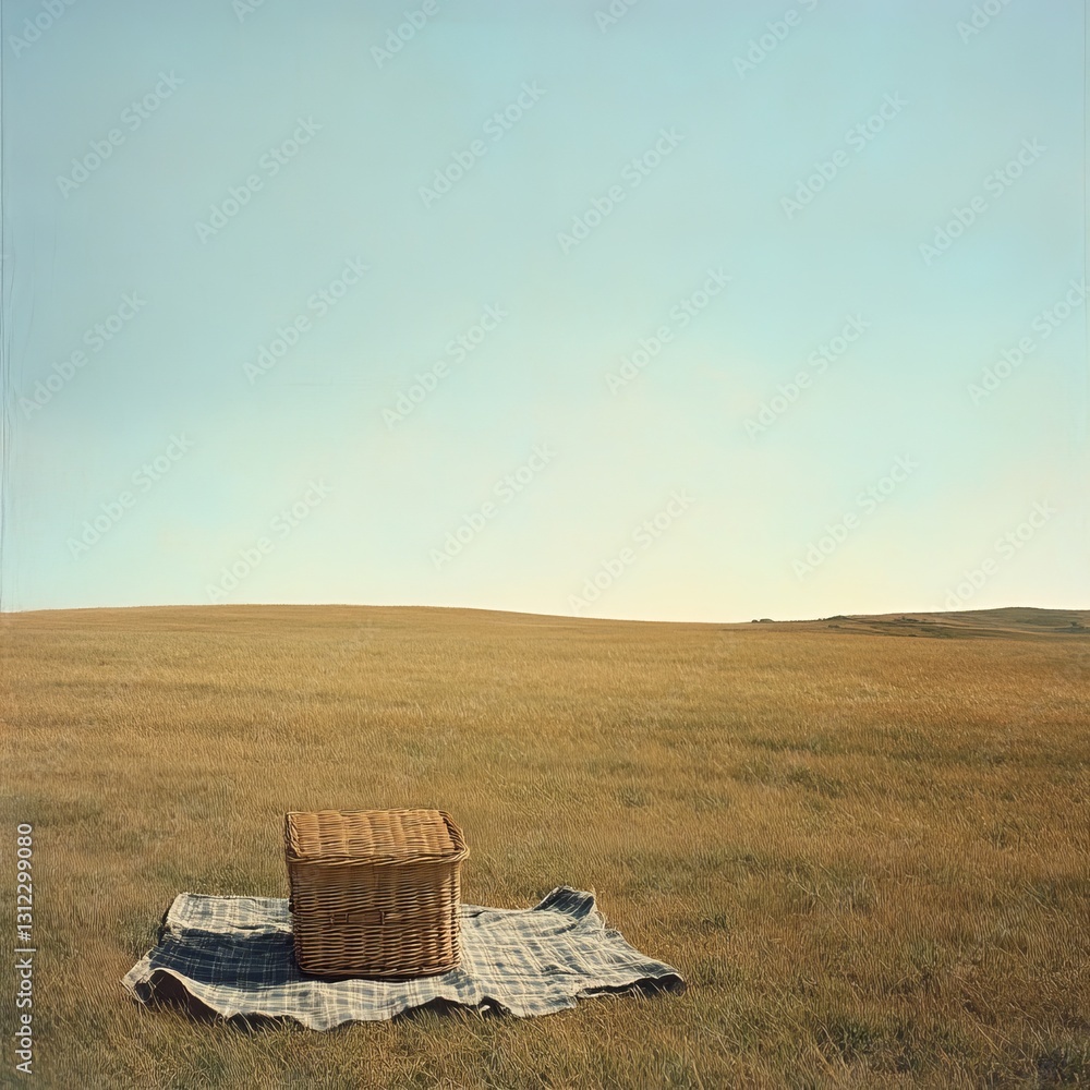 Poster a tranquil picnic setup with a wicker basket on a blanket in a wide open field, perfect for relaxati
