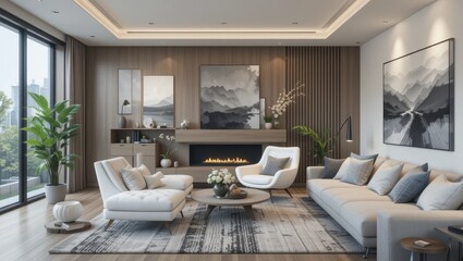 Modern Living Room Interior Design Featuring Cozy Sofa and Stylish Fireplace with Artistic Touches