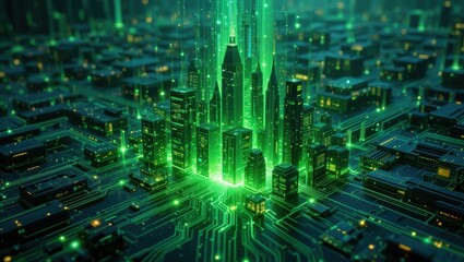 Futuristic Green Cityscape Emanating Light in a Digital Circuitry Environment