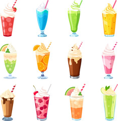Ice cream soda float vector set, served cold in a glass with a straw. Collection of whipped fruit milkshake or sweet cocktail illustrations for a delicious summer dessert menu