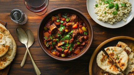 Moroccan Tagine  A rich, flavorful top-down shot of Moroccan tagine with slow-cooked lamb, vegetables, and spices, served with couscous and flatbread.