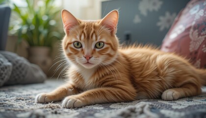 Ginger Cat Relaxing on Soft Rug in Cozy Living Room with Natural Light and Indoor Plants