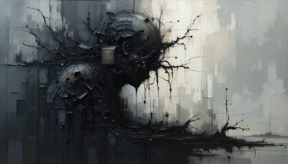 Abstract Dark Monochrome Artwork with Chaotic Forms and Dynamic Textures Creating Emotional Depth