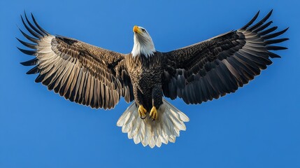 Fototapeta premium A majestic bald eagle soars with wings wide open; its black-and-brown plumage glints against the sky as it gracefully arcs to the left